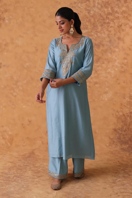 Shop Pouli Pret Blue Chanderi, Organza Zari Split V-neck Zardozi Kurta Set Online at Aza Fashions Shop_Pouli Pret_Blue Chanderi, Organza Zari Split V-neck Zardozi Kurta Set _Online_at_Aza_Fashions