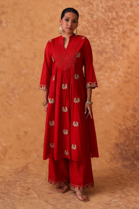 Shop Pouli Pret Red Chanderi, Organza Zari Split V-neck Embroidered Kurta Pant Set Online at Aza Fashions Shop_Pouli Pret_Red Chanderi, Organza Zari Split V-neck Embroidered Kurta Pant Set _Online_at_Aza_Fashions