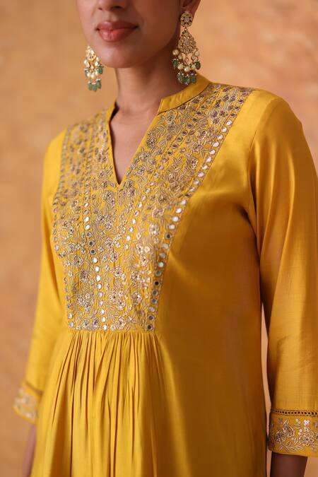 Shop_Pouli Pret_Yellow Chanderi, Organza Zari, Embroidery Split V-neck Kurta Set _Online_at_Aza_Fashions