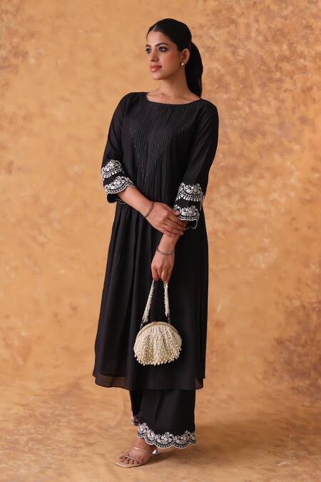 Shop_Pouli Pret_Black Chanderi, Organza Embroidery Round Neck Resham Work Kurta Pant Set _Online_at_Aza_Fashions