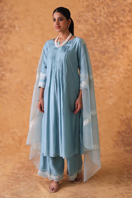 Pouli Pret Blue Chanderi, Organza Zari, Lace Round Neck Work Kurta Pant Set 