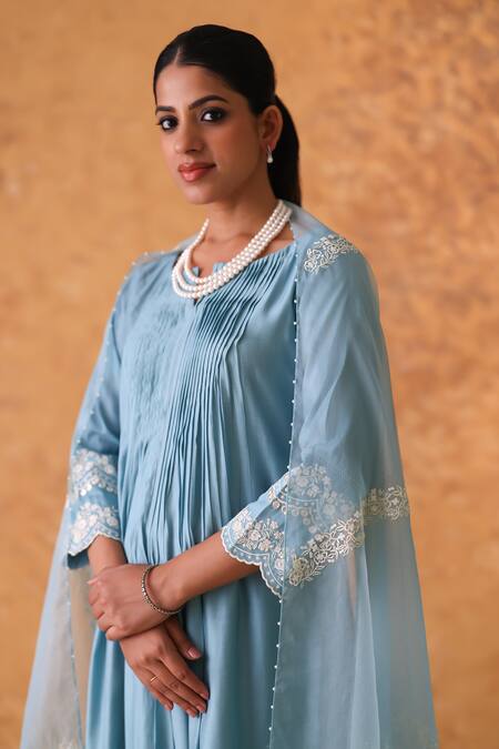 Shop_Pouli Pret_Blue Chanderi, Organza Zari, Lace Round Neck Work Kurta Pant Set _Online_at_Aza_Fashions