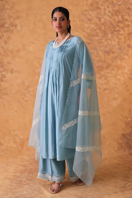 Pouli Pret_Blue Chanderi, Organza Zari, Lace Round Neck Work Kurta Pant Set _at_Aza_Fashions