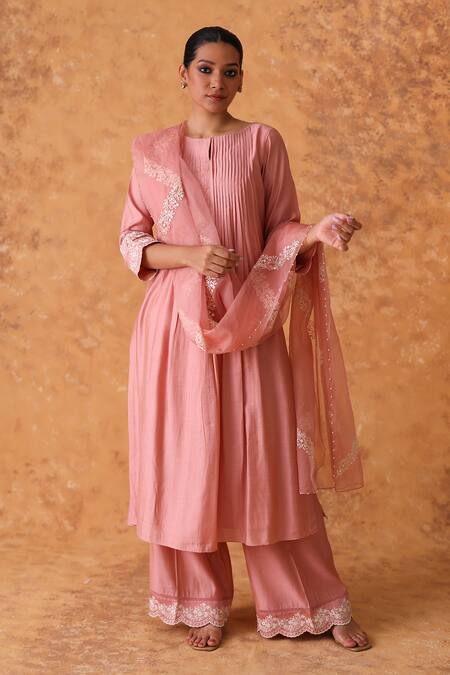 Shop_Pouli Pret_Pink Chanderi, Organza Embroidery, Zari Round Neck Kurta Set _Online_at_Aza_Fashions