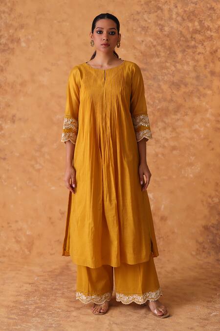 Shop_Pouli Pret_Yellow Chanderi, Organza Lace, Zari, Embroidery Round Neck Work Kurta Set _Online_at_Aza_Fashions