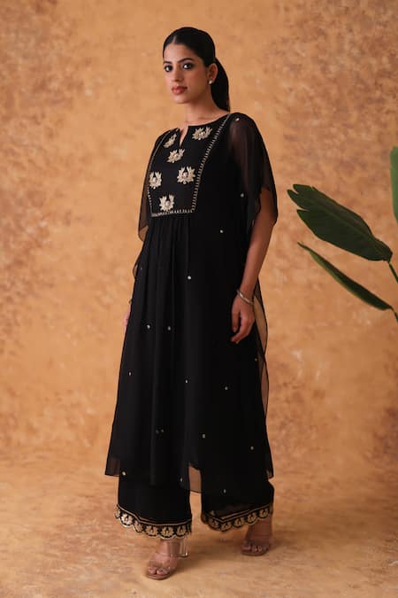 Buy_Pouli Pret_Black Georgette Embroidery, Zari Round Neck Zardozi Kaftan And Pant Set _Online_at_Aza_Fashions