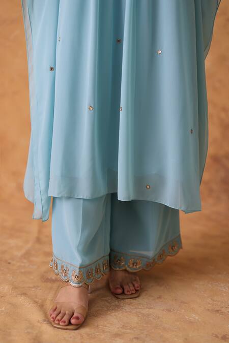 Pouli Pret_Blue Georgette Zari, Embroidery Round Neck Zardozi Kaftan And Pant Set _Online_at_Aza_Fashions