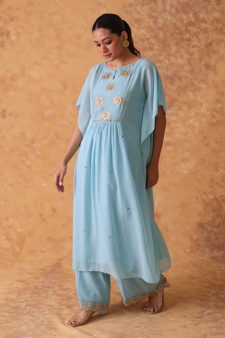 Buy_Pouli Pret_Blue Georgette Zari, Embroidery Round Neck Zardozi Kaftan And Pant Set _Online_at_Aza_Fashions