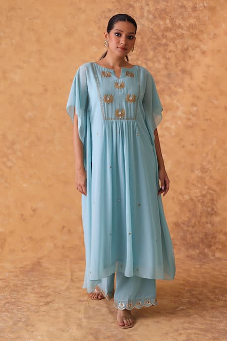Shop_Pouli Pret_Blue Georgette Zari, Embroidery Round Neck Zardozi Kaftan And Pant Set _Online_at_Aza_Fashions