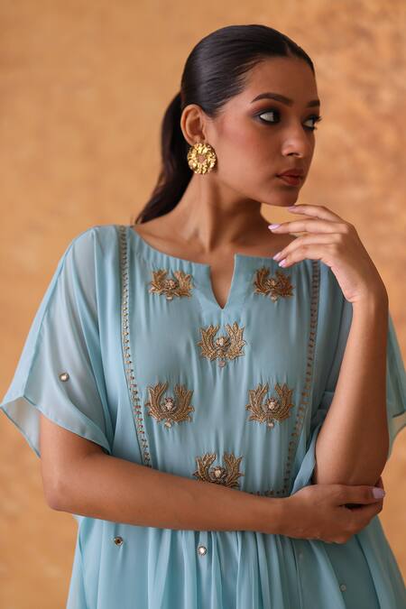 Pouli Pret_Blue Georgette Zari, Embroidery Round Neck Zardozi Kaftan And Pant Set _at_Aza_Fashions