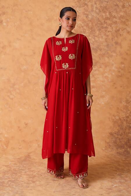 Pouli Pret_Red Georgette Embroidery, Zari Round Neck Zardozi Kaftan And Pant Set _Online_at_Aza_Fashions