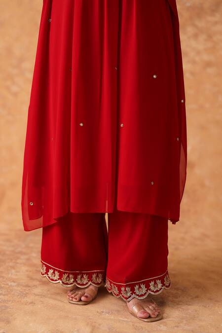 Buy_Pouli Pret_Red Georgette Embroidery, Zari Round Neck Zardozi Kaftan And Pant Set _Online_at_Aza_Fashions