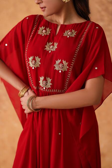 Shop_Pouli Pret_Red Georgette Embroidery, Zari Round Neck Zardozi Kaftan And Pant Set _Online_at_Aza_Fashions