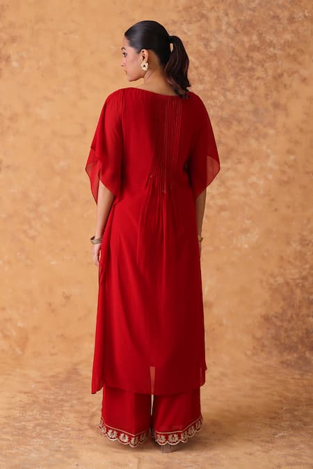 Pouli Pret Red Zardozi Kaftan & Pant Set 