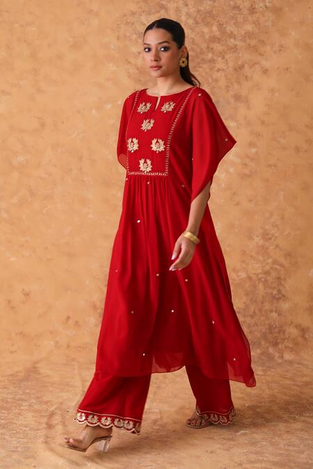 Pouli Pret_Red Georgette Embroidery, Zari Round Neck Zardozi Kaftan And Pant Set _at_Aza_Fashions