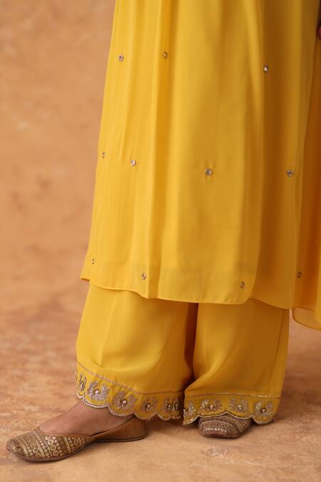 Pouli Pret_Yellow Georgette Sequins, Zari Keyhole Neck Designer Zardozi Kaftan And Pant Set _Online_at_Aza_Fashions