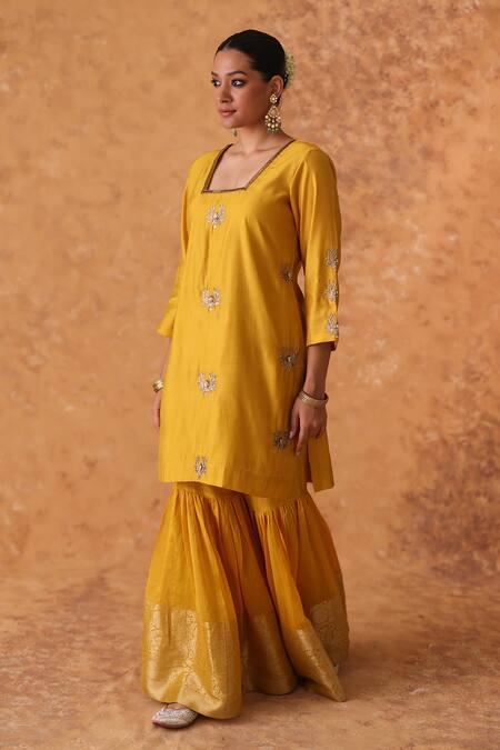 Pouli Pret_Yellow Chanderi, Organza Zari, Embroidery Square Neck Zardozi Kurta Gharara Set _Online_at_Aza_Fashions