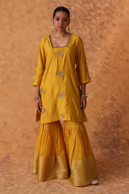 Shop_Pouli Pret_Yellow Chanderi, Organza Zari, Embroidery Square Neck Zardozi Kurta Gharara Set _Online_at_Aza_Fashions