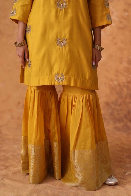 Pouli Pret_Yellow Chanderi, Organza Zari, Embroidery Square Neck Zardozi Kurta Gharara Set _at_Aza_Fashions