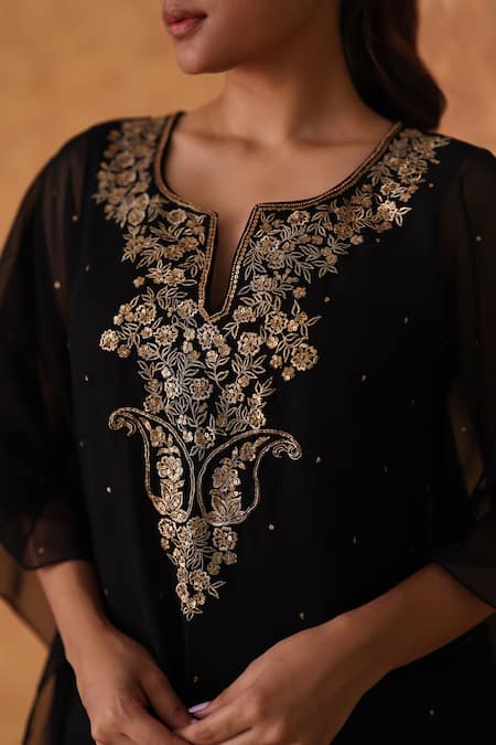 Pouli Pret_Black Georgette Embroidery, Zari Split V-neck Zardozi Kaftan And Pant Set _Online_at_Aza_Fashions