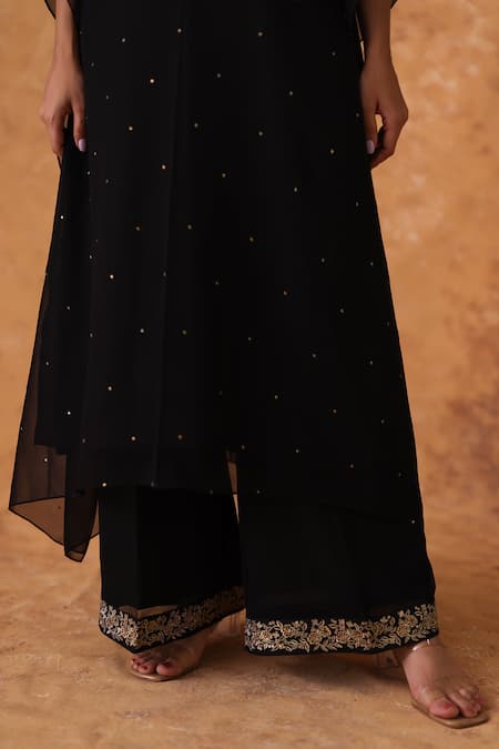 Buy_Pouli Pret_Black Georgette Embroidery, Zari Split V-neck Zardozi Kaftan And Pant Set _Online_at_Aza_Fashions
