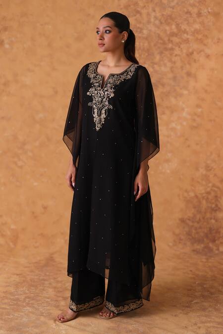 Shop_Pouli Pret_Black Georgette Embroidery, Zari Split V-neck Zardozi Kaftan And Pant Set _Online_at_Aza_Fashions
