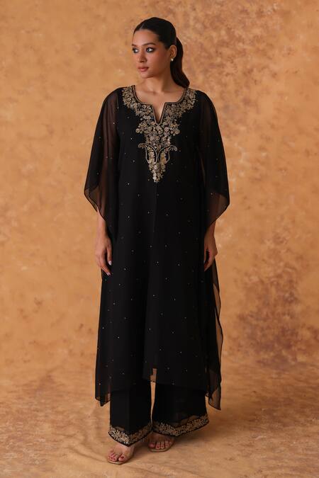 Pouli Pret_Black Georgette Embroidery, Zari Split V-neck Zardozi Kaftan And Pant Set _at_Aza_Fashions