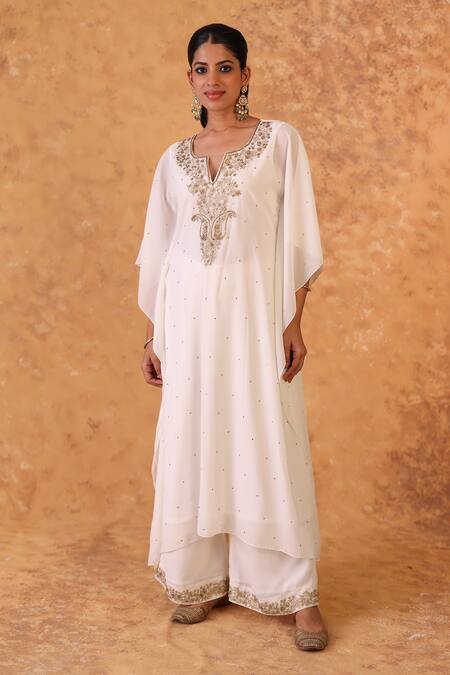 Buy_Pouli Pret_Ivory Georgette Sequins, Zari Split V-neck Zardozi Kaftan And Pant Set _Online_at_Aza_Fashions