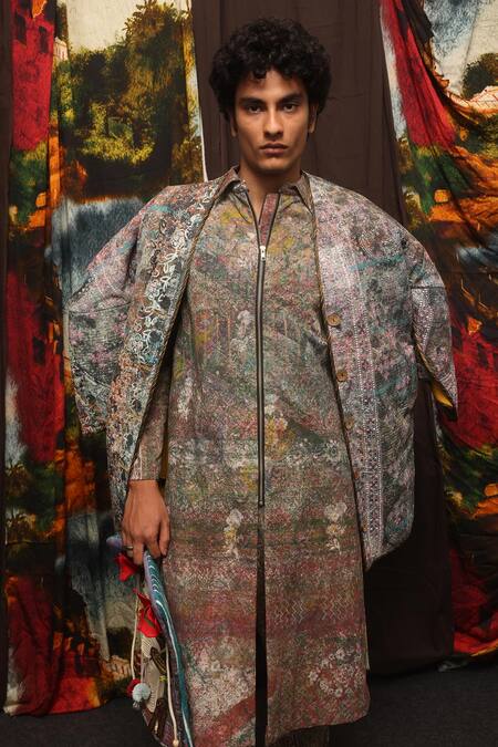 Til_Multi Color Cotton Impression Block Printed Jacket Set _Online_at_Aza_Fashions