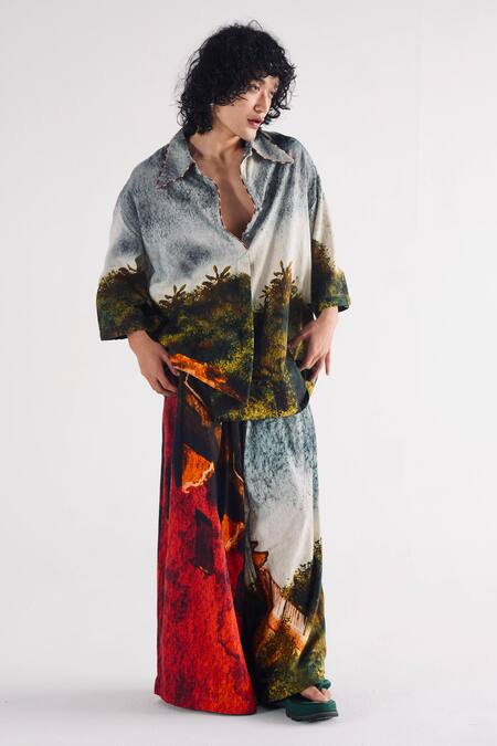 Til_Multi Color Cotton Handpainted Pleat Shirt And Trouser Set _Online_at_Aza_Fashions