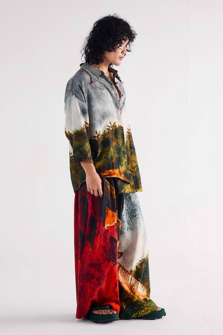 Shop_Til_Multi Color Cotton Handpainted Pleat Shirt And Trouser Set _Online_at_Aza_Fashions