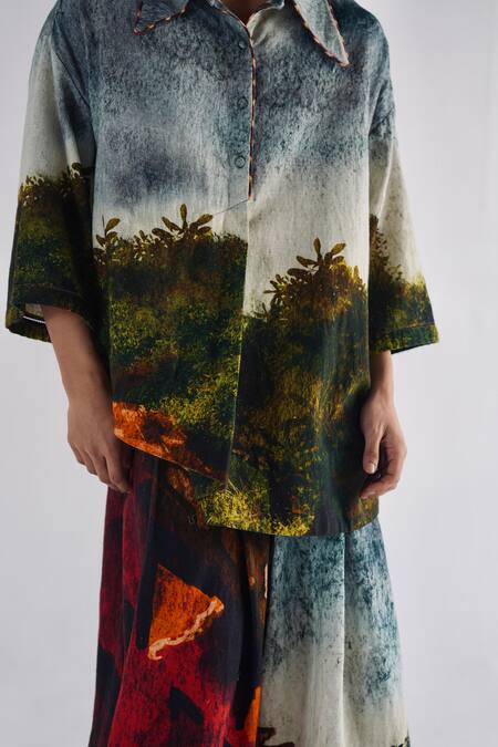 Til_Multi Color Cotton Handpainted Pleat Shirt And Trouser Set _at_Aza_Fashions