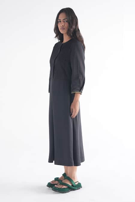 Til_Black Cotton, Modal Round Neck Soot Pleated Dress _Online_at_Aza_Fashions