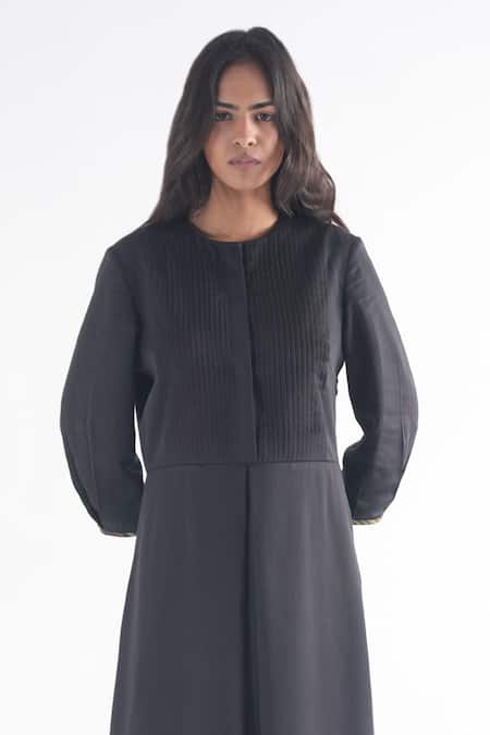 Buy Til Black Cotton, Modal Round Neck Soot Pleated Dress Online at Aza Fashions Buy_Til_Black Cotton, Modal Round Neck Soot Pleated Dress _Online_at_Aza_Fashions
