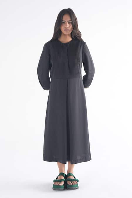 Til Black Cotton, Modal Round Neck Soot Pleated Dress 
