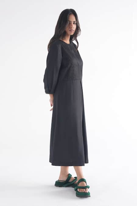 Shop_Til_Black Cotton, Modal Round Neck Soot Pleated Dress _Online_at_Aza_Fashions
