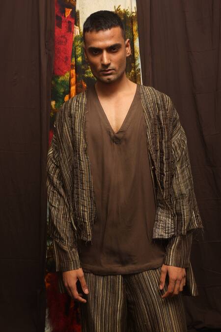Til_Brown Chanderi Stripe Double Layer Co-ord Set _Online_at_Aza_Fashions