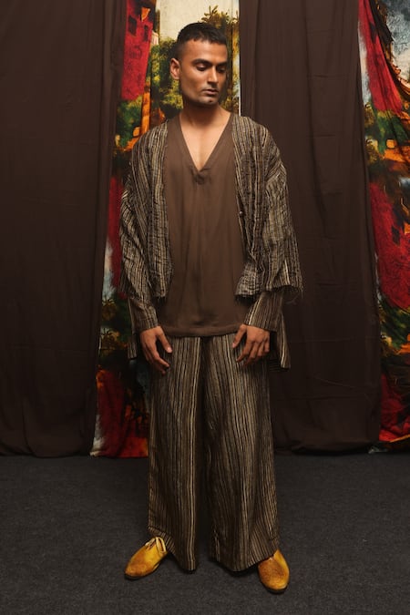 Til Brown Chanderi Stripe Double Layer Co-ord Set 