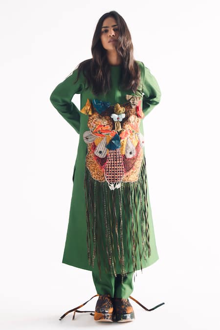 Til Green Chanderi Embroidery, Patchwork Round Neck Emerald Echo Kurta Set 