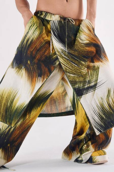 Buy_Til_Green Cotton Handpainted Grass Draped Trouser _Online_at_Aza_Fashions