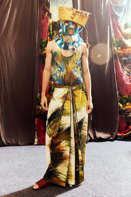 Buy_Til_Green Cotton Grass Lungi Draped Pant _Online_at_Aza_Fashions