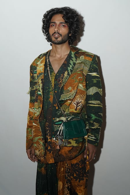 Til_Green Cotton Embroidery Galaxy Print Jacket _Online_at_Aza_Fashions