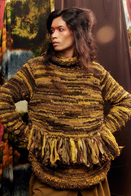 Til_Green Cotton Fringe Turtle Neck Upcycled Katran Pullover Top _Online_at_Aza_Fashions