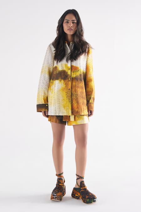 Til Multi Color Cotton Embroidery Collared Haze Kantha Co-ord Set