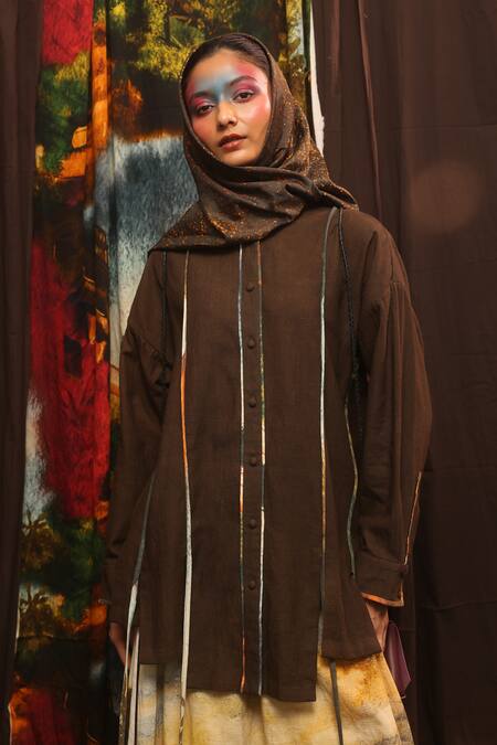 Til_Brown Cotton Collared Kahlua Asymmetrical Shirt _Online_at_Aza_Fashions