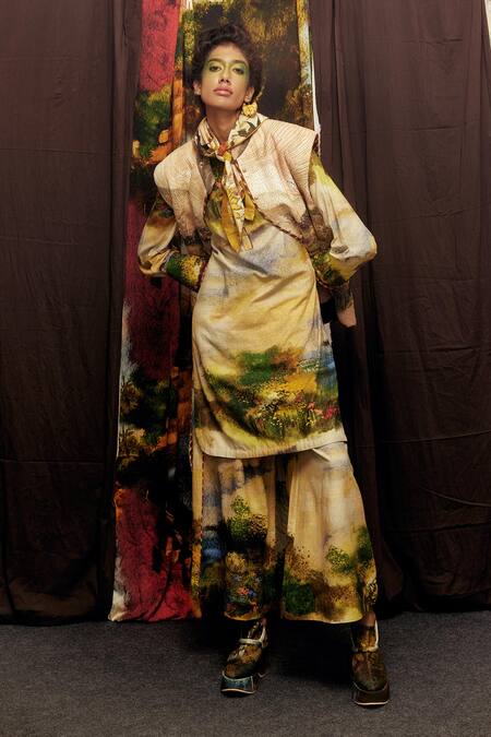 Til_Multi Color Cotton Round Neck Monet Kurta Set _Online_at_Aza_Fashions