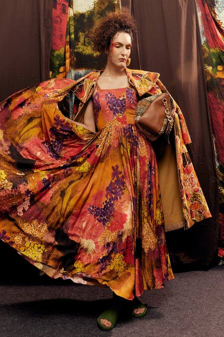 Til Orange Silk, Cotton Square Neck Multi Galaxy Dress Online at Aza Fashions Til_Orange Silk, Cotton Square Neck Multi Galaxy Dress _Online_at_Aza_Fashions