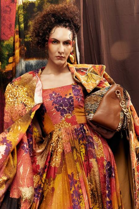 Buy Til Orange Silk, Cotton Square Neck Multi Galaxy Dress Online at Aza Fashions Buy_Til_Orange Silk, Cotton Square Neck Multi Galaxy Dress _Online_at_Aza_Fashions