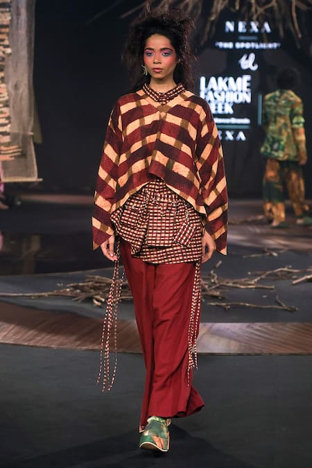 Til Purple Round Neck Plaid Cape Top 