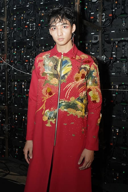 Til_Red Cotton Embroidery Long Jacket Kurta Set _Online_at_Aza_Fashions